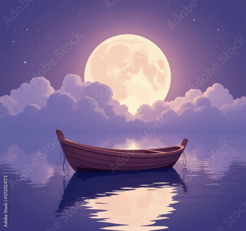Pixelated boat on still water under a large moon
