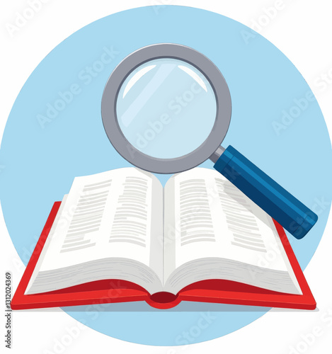Red book with blank pages and magnifying glass