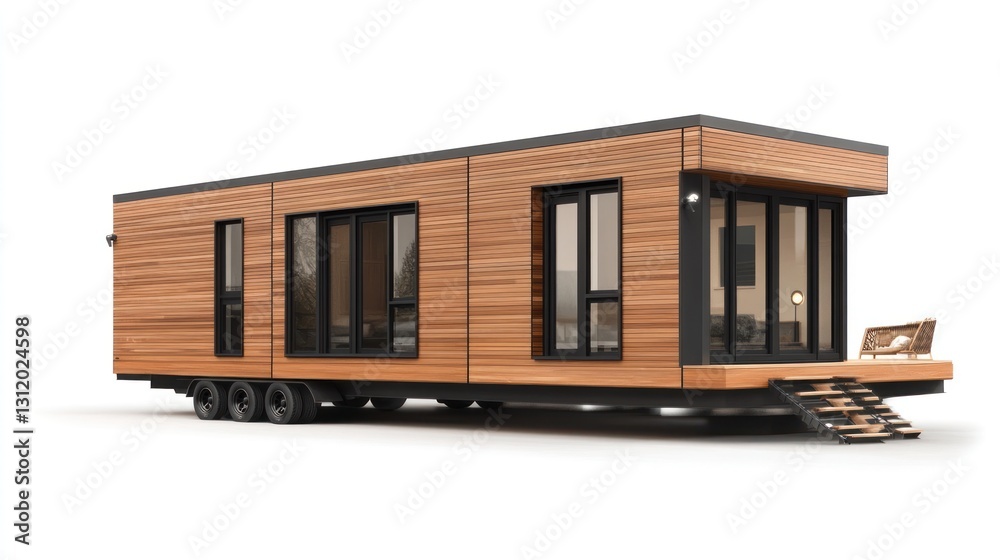 Modern Tiny House on Wheels, Isolated, Rendering, Outdoors, Ideal for Stock Photography, Display, Advertisement, or Interior Design Modern Tiny House on Wheels, Isolated, Rendering, Outdoors, Ideal for Stock Photography, Display, Advertisement, or Interior Design