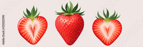 Red strawberry and two halves with heart-shaped interiors