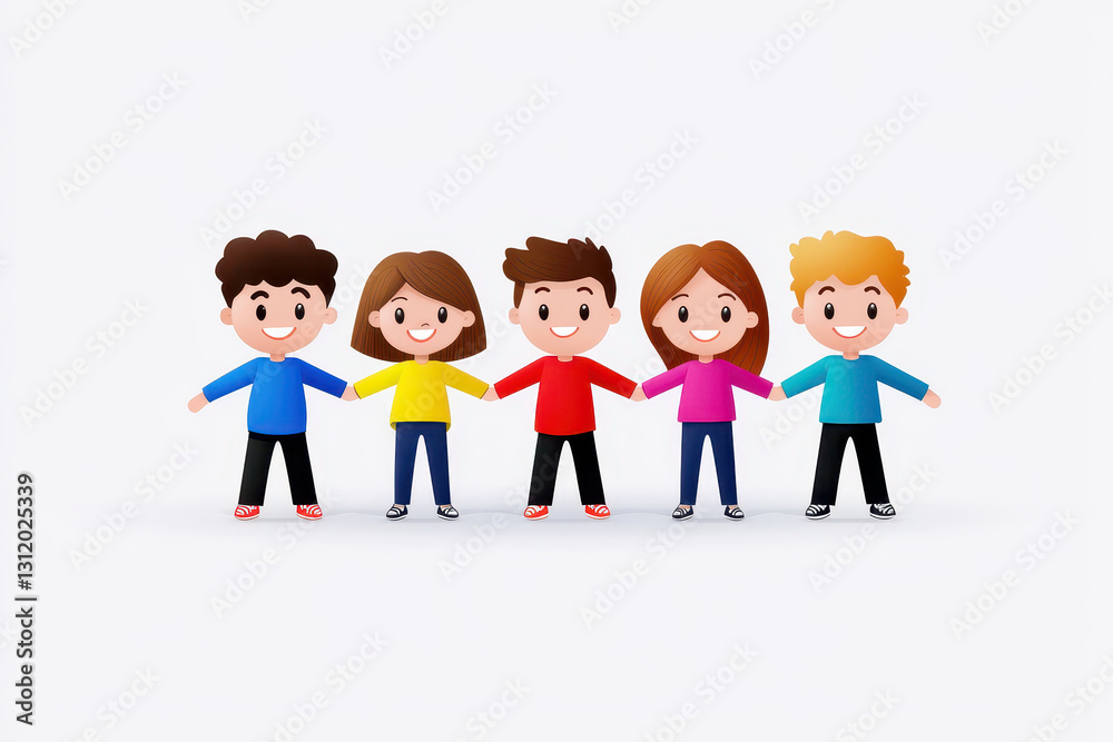 Friendly cartoon characters standing together, showcasing teamwork and collaboration. They wear colorful shirts and smile, representing unity and friendship Friendly cartoon characters standing together, showcasing teamwork and collaboration. They wear colorful shirts and smile, representing unity and friendship