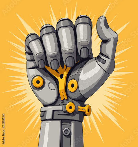 Robotic fist clenching, sunburst background
