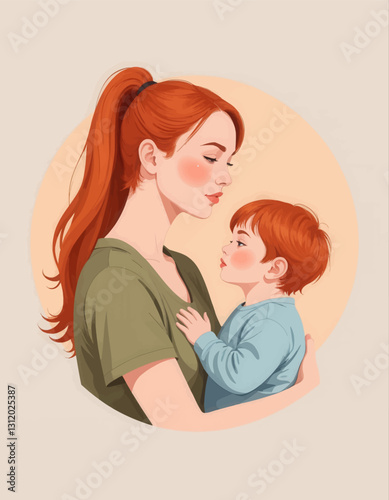 Red-haired mom lovingly holds her red-haired baby
