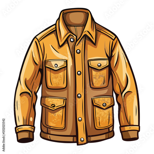 Create a detailed vector illustration of a rugged, tan canvas work jacket with reinforced stitching, showing texture and wear. Include realistic folds and creases.