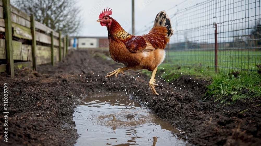 Fototapeta premium Chicken jumping in a puddle on a farm