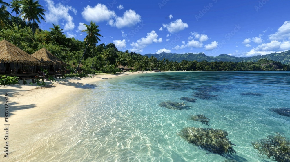Tropical beach huts on pristine shoreline, crystal-clear water, lush jungle backdrop Tropical beach huts on pristine shoreline, crystal-clear water, lush jungle backdrop