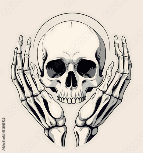 Skeleton hands holding a human skull with halo