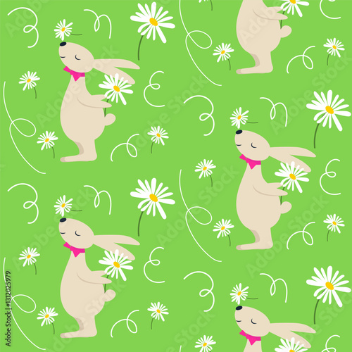 Seamless bright spring floral vector pattern, background with cute Easter bunny and daisy flowers.
