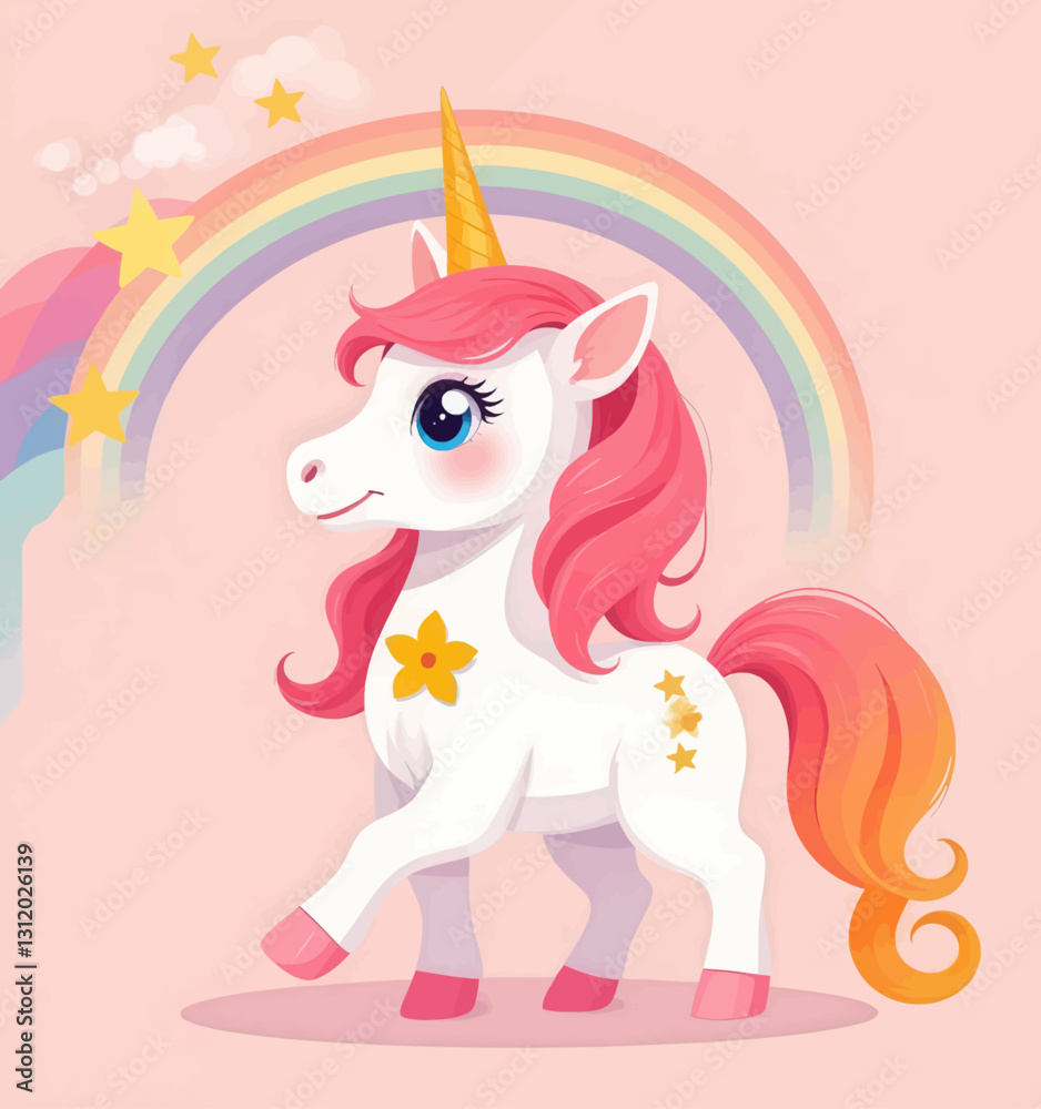Fototapeta premium Smiling White Unicorn With Pink Mane Rainbow Background