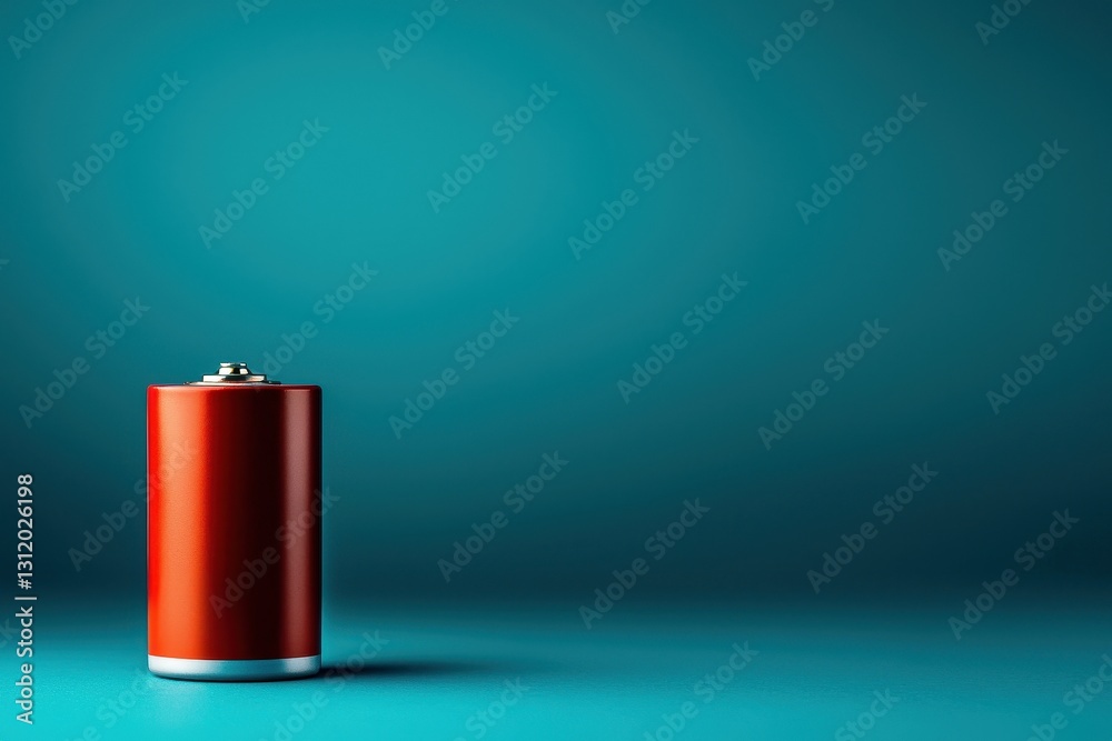 Fototapeta premium Battery fire. Red battery on a teal background, showcasing minimalistic design and vibrant colors.