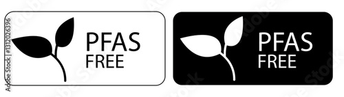PFAS-Free Label with Eco-Friendly Symbol. Black and white PFAS-free label featuring a plant-based eco symbol, ideal for product packaging, sustainability marketing, and environmental awareness. Vector