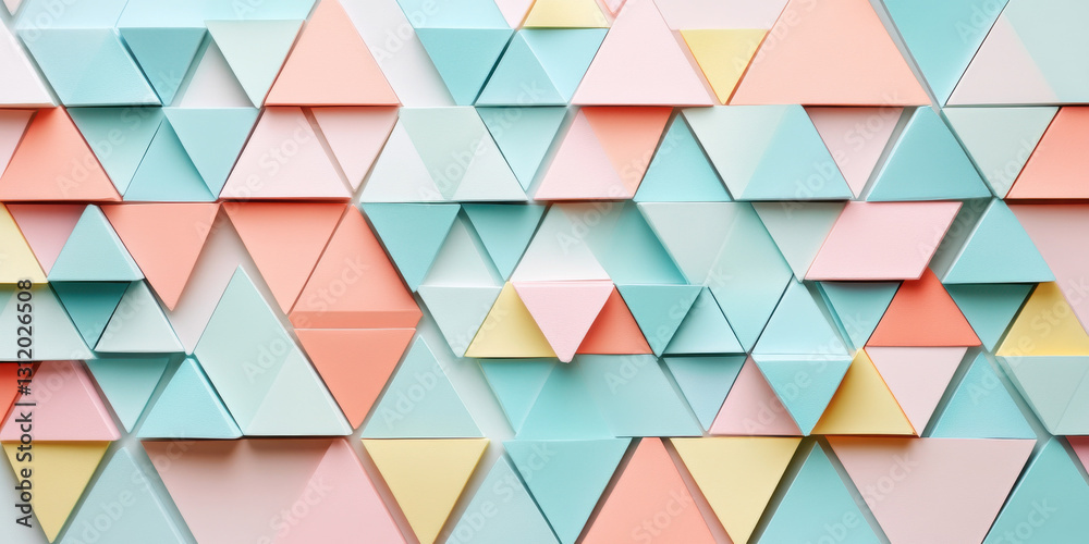 Colorful geometric paper triangles in pastel shades create vibrant background. arrangement features various sizes and orientations, adding depth and visual interest Colorful geometric paper triangles in pastel shades create vibrant background. arrangement features various sizes and orientations, adding depth and visual interest