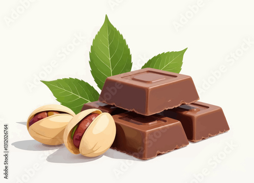 Stacked brown chocolates with pistachios and green leaves