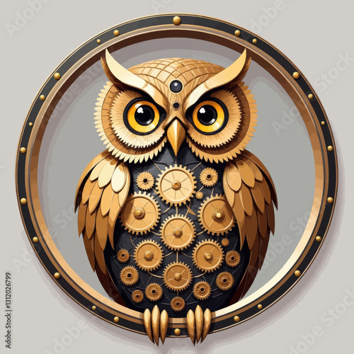 Steampunk owl with gears and golden details in frame