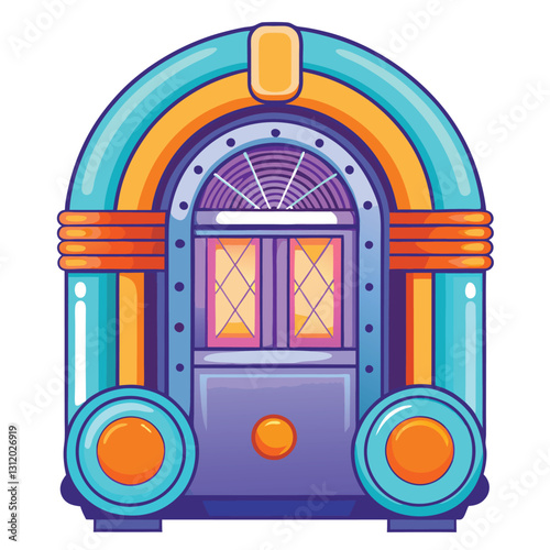 A whimsical, baby-blue, bubble-shaped jukebox floats in space, playing galactic tunes. Stars twinkle around it.