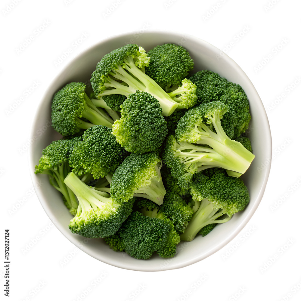 Fresh broccoli florets in bowl isolated on transparent background Fresh broccoli florets in bowl isolated on transparent background