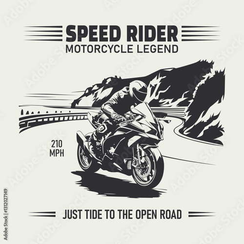 A motorcycle rider on a sport bike, rendered in a distressed, monochrome style with retro typography