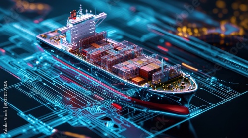 A hologram displaying a futuristic ocean freight map.
