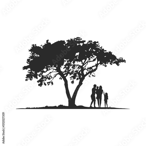 Illustration of a family standing under a large, spreading tree against a clean white background