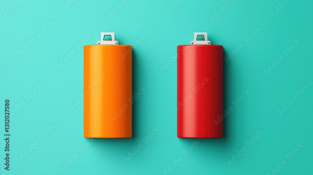 Battery fire. Two vibrant batteries in orange and red against a bright teal background. Battery fire. Two vibrant batteries in orange and red against a bright teal background.