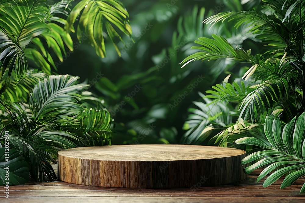 Lush Tropical Foliage Background with Wooden Round Display Platform for Product Presentation Lush Tropical Foliage Background with Wooden Round Display Platform for Product Presentation