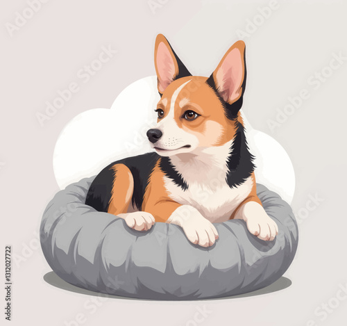 Tricolor corgi resting in a grey pet bed