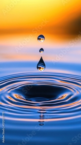 Obraz na płótnie Water droplets rippling on a calm surface at sunset, serene moment. Vertical w salonie