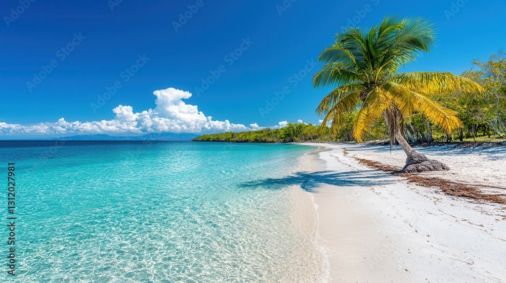 Naklejka premium Serene Tropical Beach with Clear Turquoise Water and Palm Trees Under Blue Sky