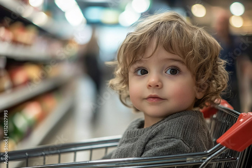Child sits in a shopping cart while parents shop photo