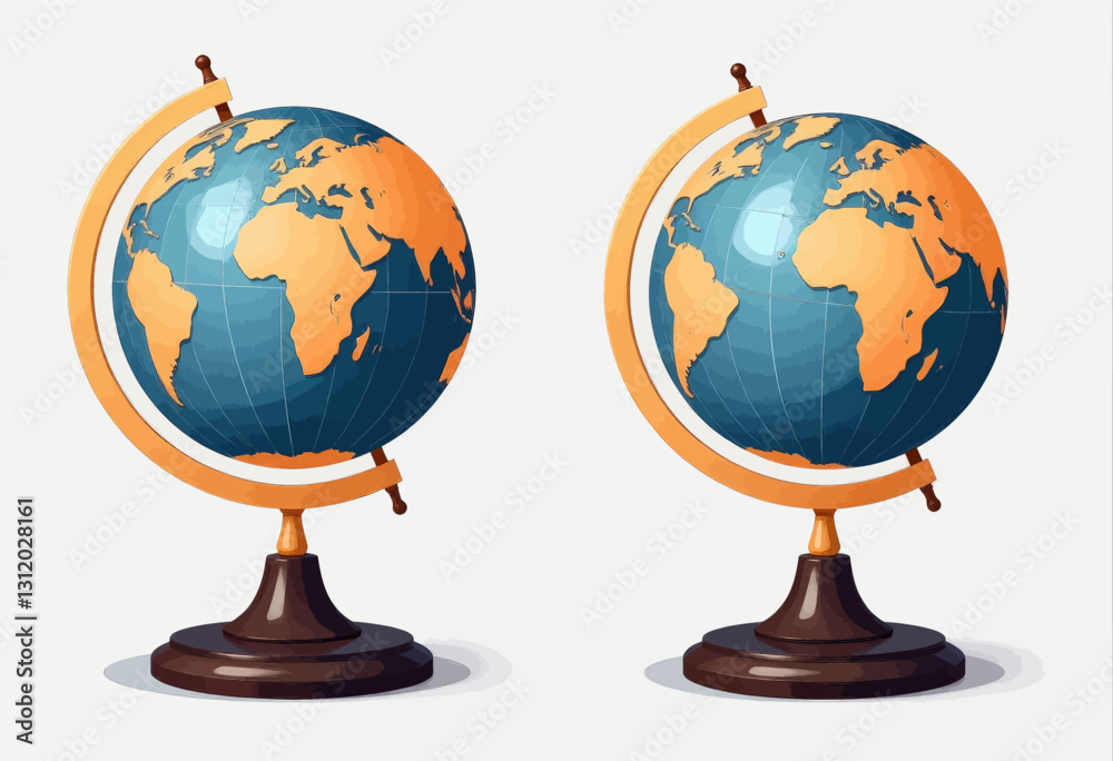 Twin globes featuring orange continents on teal oceans