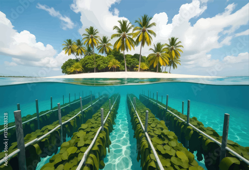Underwater farm with palm island paradise beyond