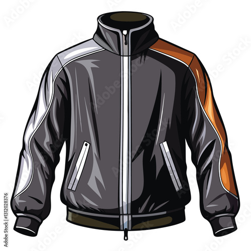 Create a sleek vector illustration of a black nylon track jacket, emphasizing texture and folds.  Show realistic details like zippers and stitching.