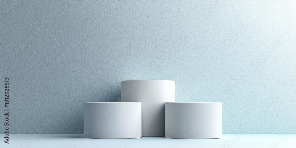 Minimalist Product Display Three White Cylindrical Platforms Against a Light Blue Wall Minimalist Product Display Three White Cylindrical Platforms Against a Light Blue Wall