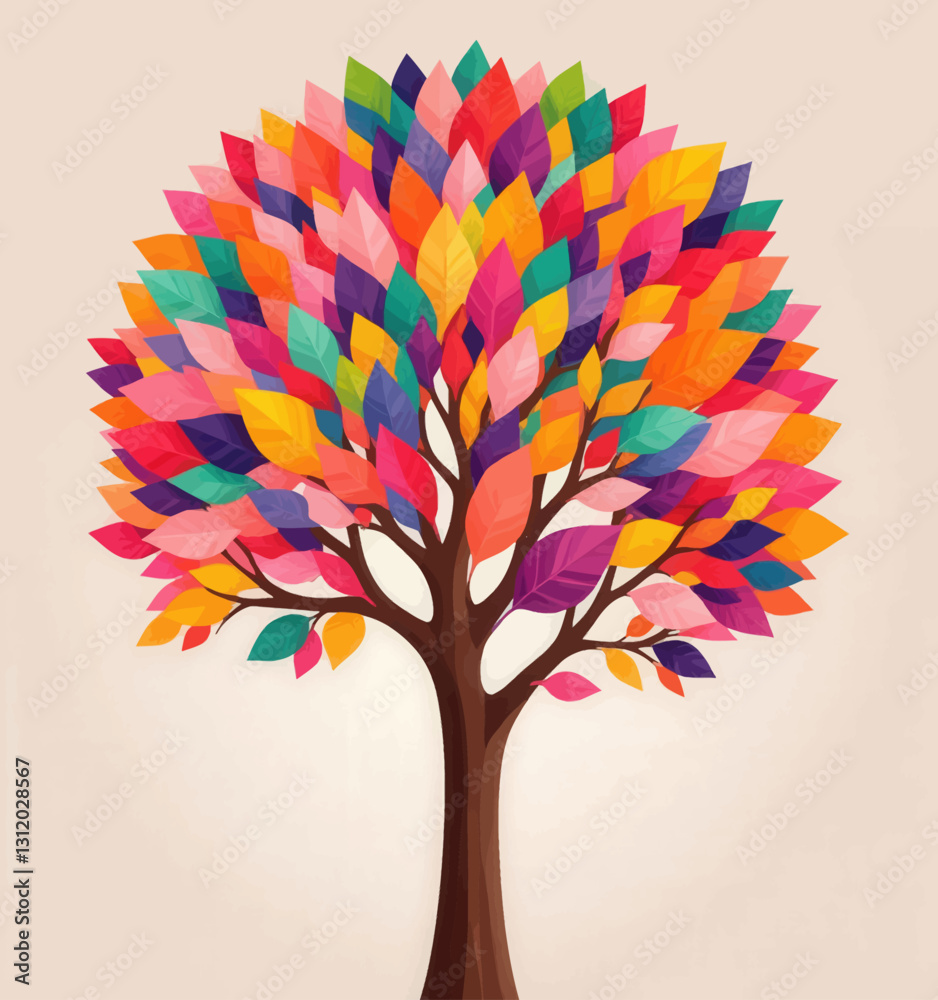 Naklejka premium Vibrant tree with multi-colored leaves, diverse palette