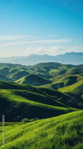 Rolling green hills under a clear blue sky. Vertical