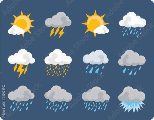 Weather forecast icons with sun, clouds, rain and lightning