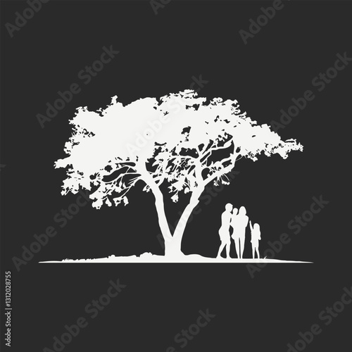 A silhouette illustration of a family under a tree, symbolizing shelter, growth, and familial bonds