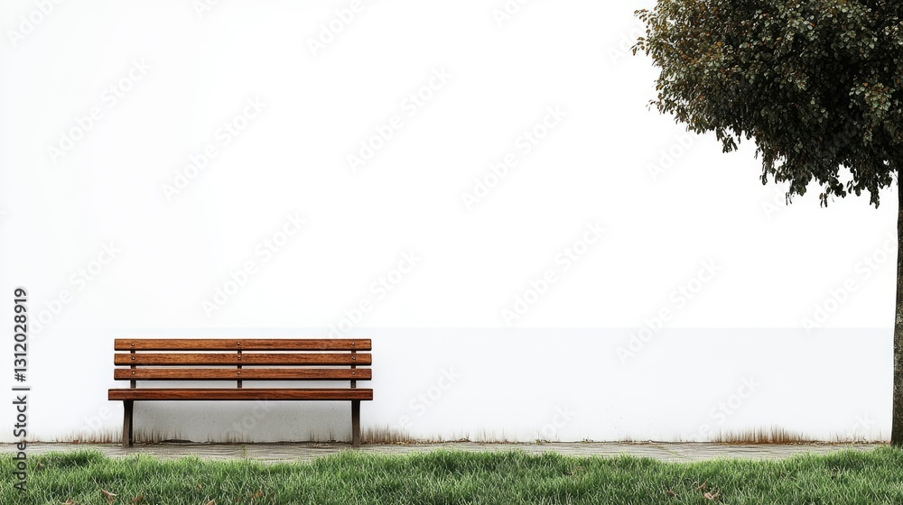 Serene Park Bench Against White Wall with Small Tree Serene Park Bench Against White Wall with Small Tree