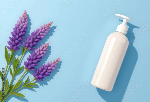 White pump bottle with lupine flowers on blue backdrop