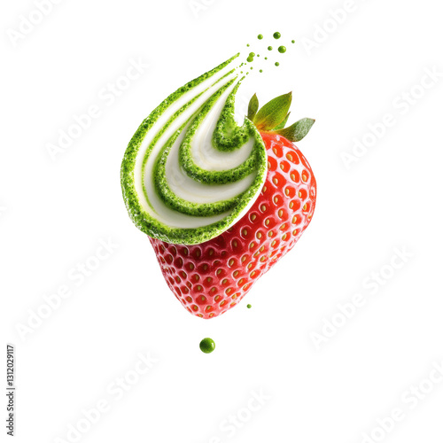 A floating half-cut strawberry in the air, studio setting, isolated on a white background with no shadows.