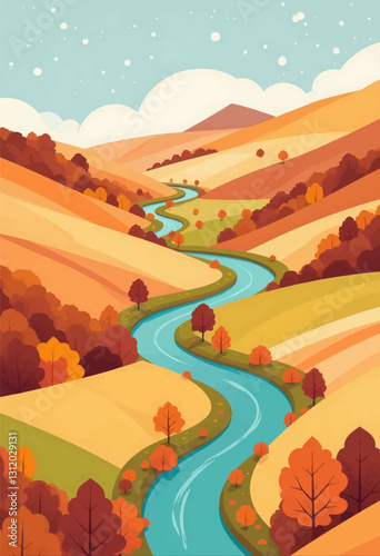 Winding Teal River Through Autumn Hills Landscape

