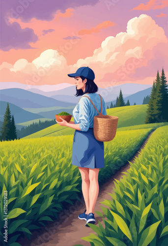 Woman harvests tea leaves in verdant hilly landscape