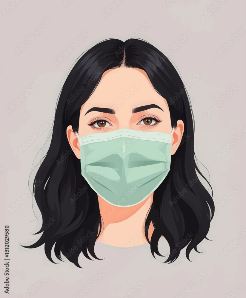 Woman with dark hair wearing a teal surgical mask Woman with dark hair wearing a teal surgical mask