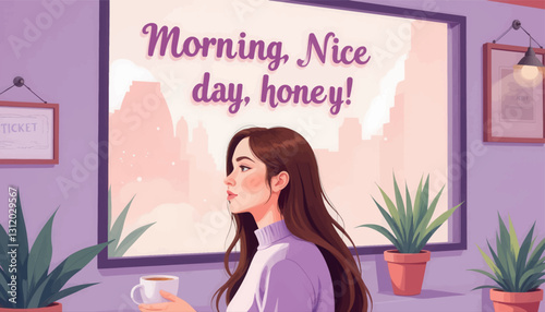 Woman with coffee by window with "Morning, Nice day, honey!" text