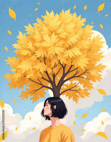 Woman Standing Under a Bright Yellow Autumnal Tree