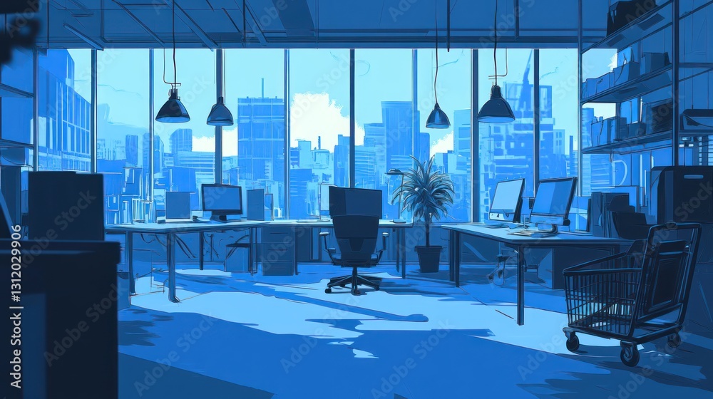 Fototapeta premium Modern office with city view, work station, empty. Stock photo