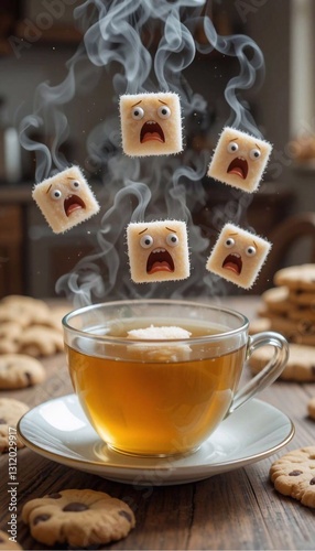 Sweet panic: surreal and playful depiction of sugar cubes screaming as they dissolve in tea.