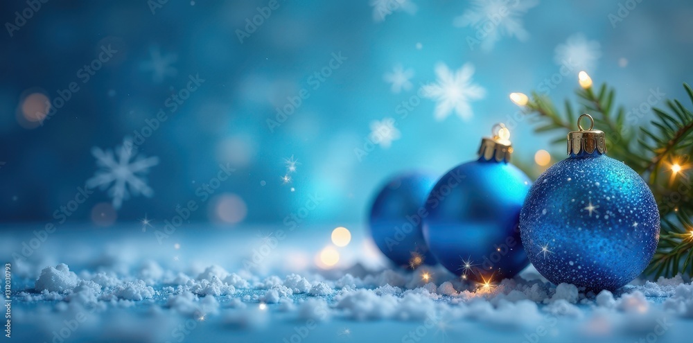 Blue baubles, twinkling lights, snowflake backdrop, festive, holiday decorations, christmas decor Blue baubles, twinkling lights, snowflake backdrop, festive, holiday decorations, christmas decor
