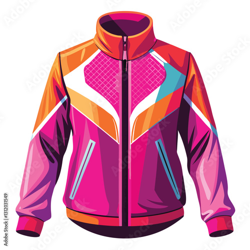 Create a vibrant vector illustration of a neon pink running jacket, showcasing sporty design details like zippers and reflective elements.