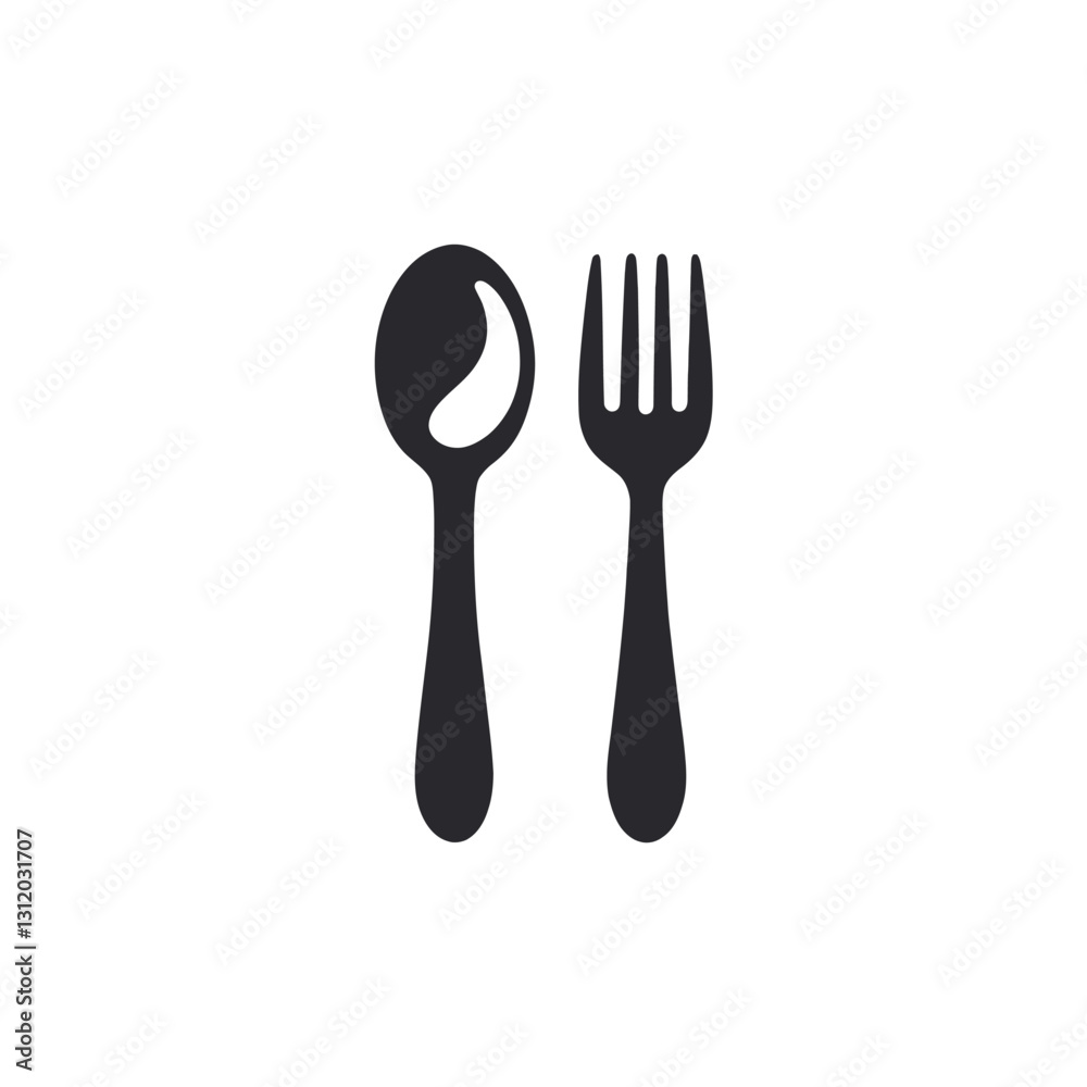 Simple, solid black silhouette of a spoon and fork side-by-side on a white background Simple, solid black silhouette of a spoon and fork side-by-side on a white background